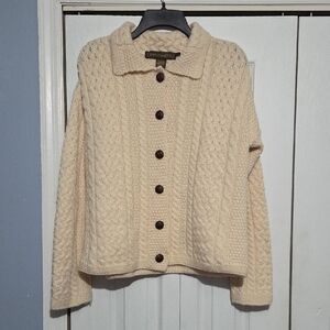 Inis Crafts Cream Cable Knit Cardigan 100% Merino Wool